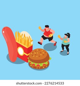 Couple in ready to exercise saying no to junk food 3d isometric vector illustration concept for banner, website, landing page, ads, flyer template