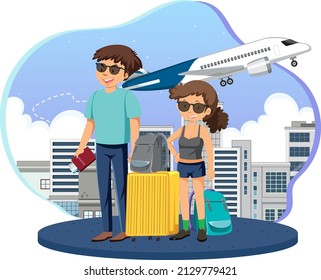 A couple ready to travel with airplane  illustration
