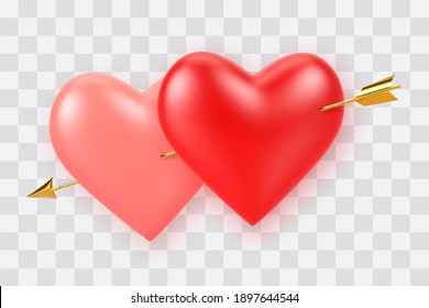 Couple realistic 3d red and pink heart shaped balloons pierced by cupids golden arrow isolated on transparent background. Valentines day luxury decoration. Vector illustration