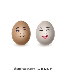 Couple of realistic eggs with funny faces on white background. Vector illustration