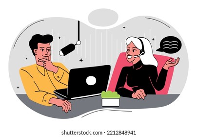 Couple recording podcast. Man and girl sitting at laptop and microphone. Modern technologies and digital world. Creation of interesting content for social networks. Cartoon flat vector illustration