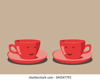 Couple of red cups on saucers with smiling faces. EPS 10 vector illustration, no transparency