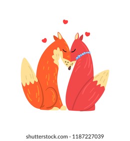 Couple of red foxes in love, two happy wild aniimals with hearts over their head vector Illustration on a white background