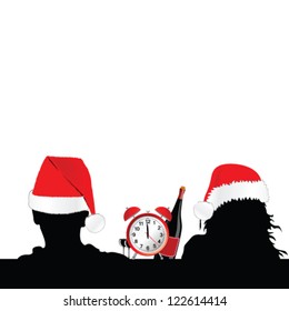 couple and red hat for christmas with clock and wine