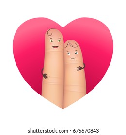 Couple in red heart. Pair of realistic happy fingers smiley in love. Effective romantic emotional image. Flat style vector illustration on white background