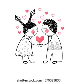 Couple Red Heart Shape Love Holding Hands Drawing Simple Line Vector Illustration