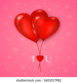 Couple of red hearts balloon with message I Love You. Valentines day greeting card on pink background. Vector