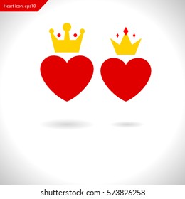 couple red hearts. King and Queen with a crown in the form of heart. Symbol of love, greatness, passion, dedication and success. Vector illustration