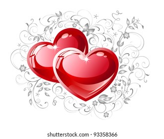 Couple red hearts on white background.