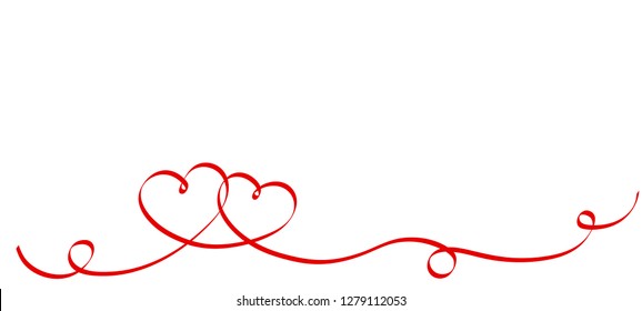 Couple red ribbon hearts isolated on white background