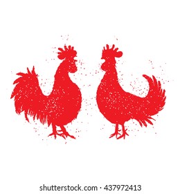 Couple of red roosters are looking at each other. Happy new year 2017 zodiac. Greeting card. Vector. Imitation of hand drawing or painting of roosters silhouette with Chinese calligraphy ink.