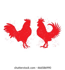 Couple of red roosters are looking at each other. Happy new year 2017 zodiac. Greeting card. Vector. Imitation of hand drawing or painting of roosters silhouette with Chinese calligraphy ink.