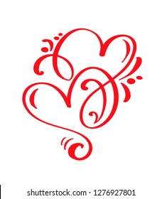 Couple Red Vector Valentines Day Hand Drawn Calligraphic two Hearts. Calligraphy lettering illustration. Holiday Design element valentine. Icon love decor for web, wedding and print. Isolated