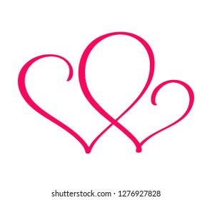 Couple Red Vector Valentines Day Hand Drawn Calligraphic two Hearts. Calligraphy lettering illustration. Holiday Design element valentine. Icon love decor for web, wedding and print. Isolated