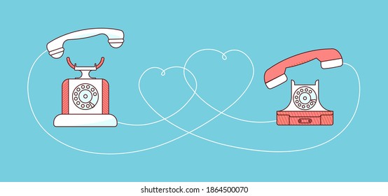 Couple of Red vintage phones with wire hearts on blue background illustration. Happy Valentines day greeting vector card