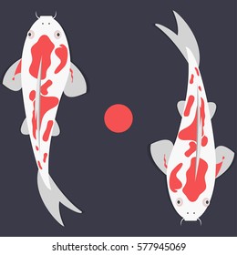 Couple red and white carp in flat style, isolated on a dark background