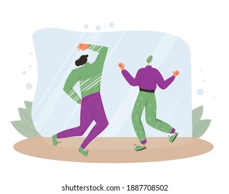 Couple rejoice. Two characters wearing in casual clothes dancing. Young man and woman celebrating. Persons jumping and have fun. Vector color flat illustration. 