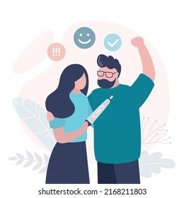 Couple rejoices at positive pregnancy test. Cute woman became pregnant. Parents waiting for birth of child. Happy husband hugs wife. Parenthood and fertility concept. Young family. Vector illustration