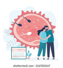 Couple rejoices in successful artificial insemination procedure. Woman got pregnant thanks to IVF. Happy future parents. Fertilization of ovum by spermatozoa in test tube. Flat vector illustration