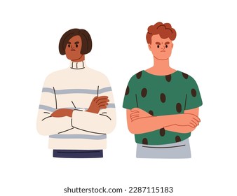 Crisis de relaciones de pareja, concepto de problema. Molesto enojado hombre y mujer ofendido. Malentendido, mala comunicación negativa. Ilustración vectorial gráfica plana aislada en fondo blanco