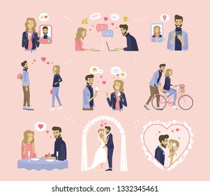 Couple relationship, dating and wedding vector. Online messaging, bouquet and ice cream, bicycle riding and proposal in restaurant, marriage ceremony