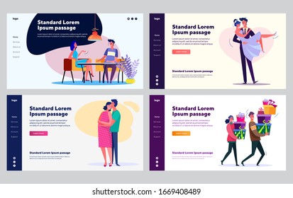 Couple relationship development set. Young man and woman dating, getting married, pregnant. Flat vector illustrations. Love, relationship, family concept for banner, website design or landing web page