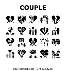 couple relationship obstacles icons set vector. communication trust, intimacy, jealousy, finances expectations, conflict, priorities couple relationship obstacles glyph pictogram Illustrations