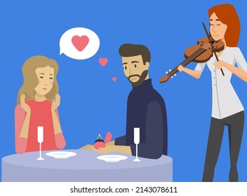 Couple relationship, romantic date. Man proposes to girlfriend in restaurant. Guy confesses his love to girl in cafe. People listen to live music violinist performance. Musician performing with violin