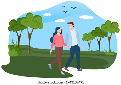 Couple in relationship walking in forest. Young guy and girl holding hands spend time in garden
