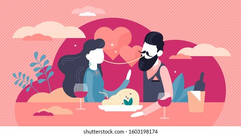 Couple relationships vector illustration. Romantic marriage or dating time in flat tiny persons concept. Heterosexual feeling with classical spaghetti scene in restaurant. Pair emotional affection.