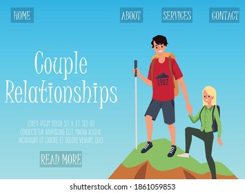 Couple relationships website banner interface with man and woman climbing in mountains together, flat vector illustration. Loving couple bonding their relationships.