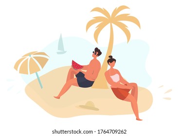 Couple Relax on the Beach Under a Palm Tree.Swim Ring and
Beach Umbrella.Woman Wearing Swimsuit in the Sunglasses Sunbathing at Sea.Hut on Sand.Summer Holiday Relaxing.Flat Vector Illustration