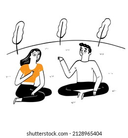 Couple Are Relax And Talking In The Park. Hand Drawing Vector Illustration Line Art.