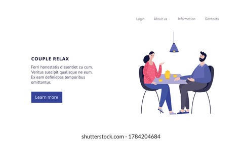 Couple relax web page template with man and woman dating in restaurant or cafe, flat vector illustration on white background. Recreation and entertainment for couples.