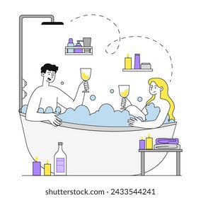 Pareja de relajación en baño simple. Hombre y mujer con bebidas alcohólicas en el baño. Combínalo con champán en el jacuzzi. Descanso y bienestar. Ilustración de vector plana lineal aislada sobre fondo blanco