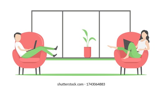 Couple relaxing in armchairs with laptops. Vector illustration.