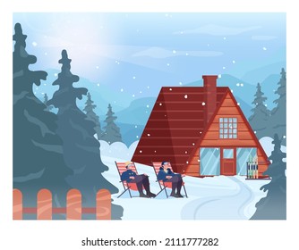 Pareja relajándose en el diván frente a la estación de esquí. Casas de campo de madera, chalé en las montañas de invierno. Hermosa naturaleza en la nieve, clima helado de diciembre. Ilustración vectorial plana