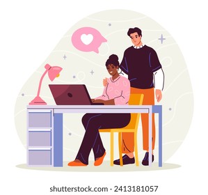 Pareja relajante en casa. Hombre y mujer cerca de una laptop. La pareja joven y la familia pasan tiempo juntos. Amor, romance y cuidado. Dibujo vectorial plano de dibujos animados aislado en fondo blanco