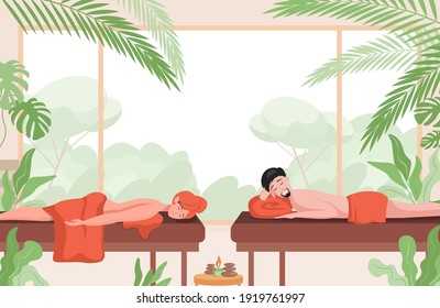 Couple relaxing in massage salon vector flat illustration. Wellness resort, body relaxing treatment, self care time concept. Relaxed man and woman lying on couch and enjoying body massage.