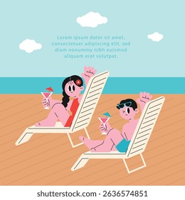 Couple relaxing on beach chairs with cocktails on a sunny summer vacation