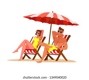 Couple relaxing on beach flat color illustration. Boyfriend and girlfriend under beach umbrella on deck chairs. Summer vacation. Woman and man at sea resort cartoon characters. Isolated vector