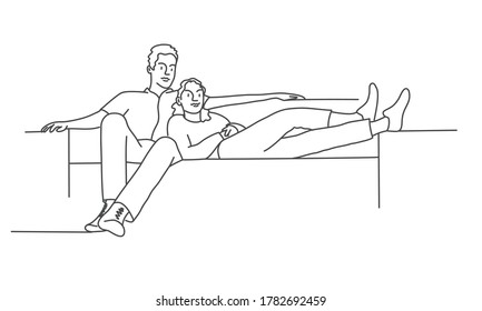 Couple are relaxing on the couch. Line drawing vector illustration.