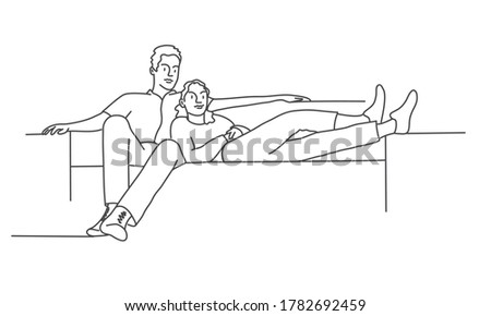 Couple are relaxing on the couch. Line drawing vector illustration.