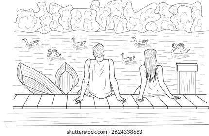 Casal Relaxando em uma doca perto do lago, ilustração de desenho de linha simples de um casal sentado em um píer ou doca, desfrutando de um momento tranquilo perto do lago com cisnes ou patos nadando nas proximidades. Possui um