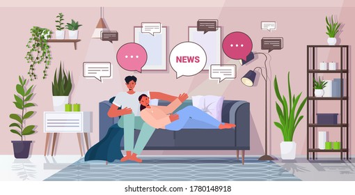 couple relaxing on sofa discussing daily news chat bubble communication concept man woman spending time together living room interior horizontal full length vector illustration