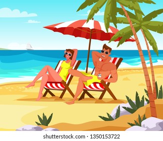 Couple relaxing on summer vacation flat vector illustration. Boyfriend and girlfriend under beach umbrella on deck chairs. Honeymoon. Woman and man at island paradise resort cartoon color characters