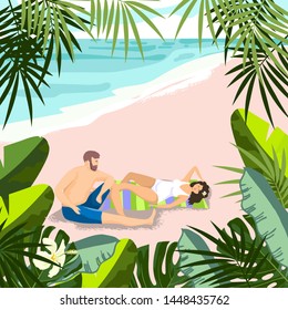 Couple relaxing on a tropical beach.Vector illustration.
