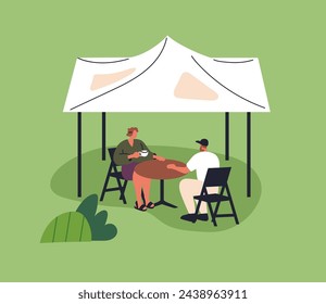 Couple relaxing at outdoor table under tent roof in park, nature. People, man and woman resting, talking, sitting outdoors under shelter on summer holiday, vacation, weekend. Flat vector illustration