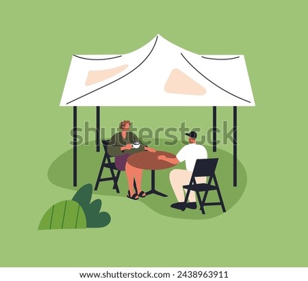 Couple relaxing at outdoor table under tent roof in park, nature. People, man and woman resting, talking, sitting outdoors under shelter on summer holiday, vacation, weekend. Flat vector illustration