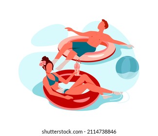 Couple relaxing and resting together in swim rings in the pool. Young couple on their honeymoon or vacation. Outdoor recreation during summer holidays. Vector illustration isolated on white.